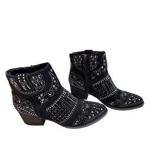 Fergie Black Studded Rhinestone Ankle Boots Western Boho Zip Heel Women's 6.5